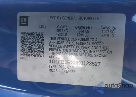 2019 Chevrolet Camaro 1Lt z USA, uszkodzony, nr VIN 1G1FB1RS3K0123527